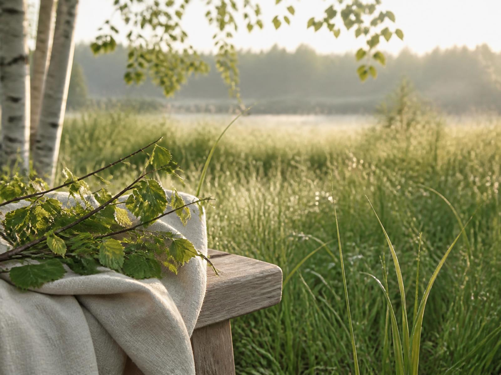 Morgonljus över en äng med björkar, en trädbänk och ett linnetygstycke